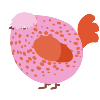 A pink and vermilion chicken with a speckle pattern