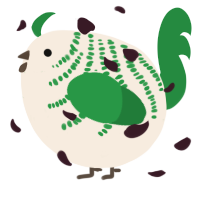 A cream and viridian chicken with a half-bar pattern