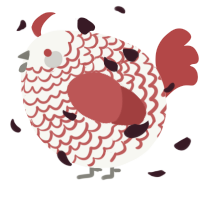 A white and red chicken with a lace pattern