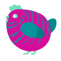 A fuchsia and teal chicken with a bar pattern