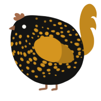 A black and ochre chicken with a speckle pattern