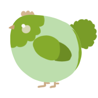 A gluppy and chartreuse chicken with a head pattern