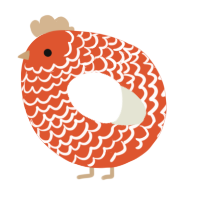 A vermilion and white chicken with a lace pattern