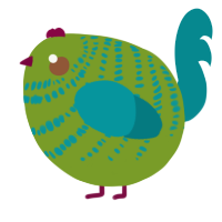 A chartreuse and teal chicken with a bar pattern