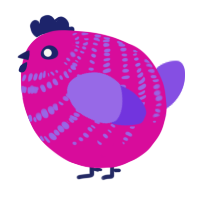 A fuchsia and blurple chicken with a bar pattern