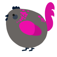 A grey and fuchsia chicken with a neck-speckle pattern