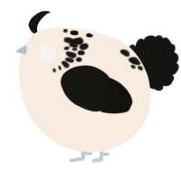 A cream and black chicken with a neck-speckle pattern