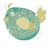 A turquoise and yellow chicken with a double-lace pattern