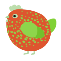 A vermilion and grass chicken with a speckle pattern