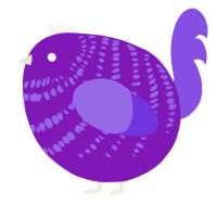 A violet and blurple chicken with a bar pattern