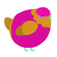 A fuchsia and ochre chicken with a head pattern