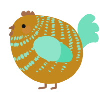A ochre and mint chicken with a bar pattern