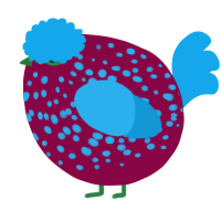 A maroon and sky chicken with a speckle pattern