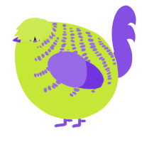 A lime and blurple chicken with a half-bar pattern