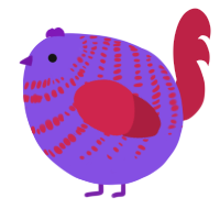 A blurple and crimson chicken with a bar pattern