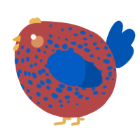 A red and ultramarine chicken with a speckle pattern