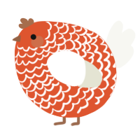A vermilion and white chicken with a lace pattern
