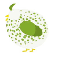 A white and chartreuse chicken with a speckle pattern