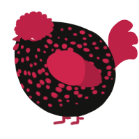 A black and crimson chicken with a speckle pattern