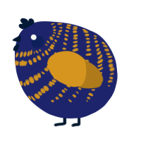 A navy and ochre chicken with a bar pattern