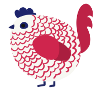 A white and crimson chicken with a lace pattern