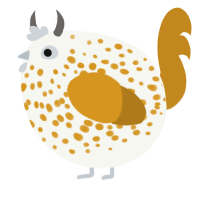 A white and ochre chicken with a speckle pattern