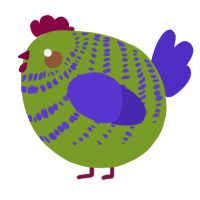 A chartreuse and indigo chicken with a bar pattern