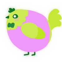 A lavender and lime chicken with a head pattern