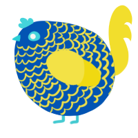 A ultramarine and yellow chicken with a lace pattern