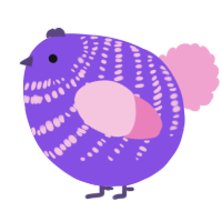 A blurple and pink chicken with a bar pattern