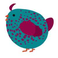 A teal and maroon chicken with a speckle pattern