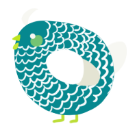 A teal and white chicken with a lace pattern