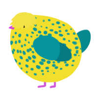 A yellow and teal chicken with a speckle pattern