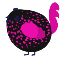 A black and fuchsia chicken with a speckle pattern
