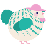 A cream and turquoise chicken with a bar pattern