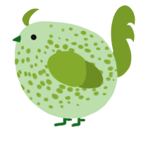 A gluppy and chartreuse chicken with a speckle pattern