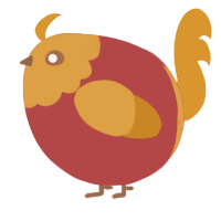 A red and orange chicken with a head pattern