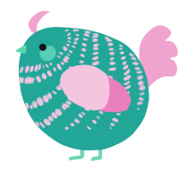 A turquoise and pink chicken with a bar pattern