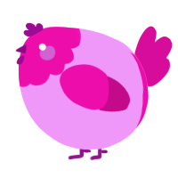 A lavender and fuchsia chicken with a head pattern