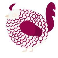 A white and maroon chicken with a lace pattern