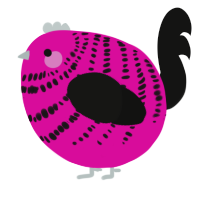 A fuchsia and black chicken with a bar pattern