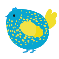 A cerulean and yellow chicken with a speckle pattern