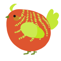 A vermilion and lime chicken with a half-bar pattern
