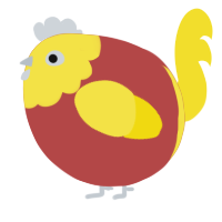 A red and yellow chicken with a head pattern