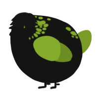 A black and chartreuse chicken with a neck-speckle pattern