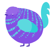 A blurple and aqua chicken with a bar pattern