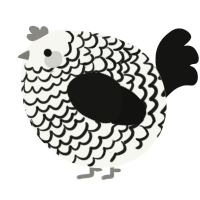 A white and black chicken with a lace pattern