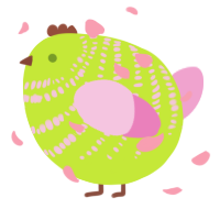 A lime and pink chicken with a bar pattern