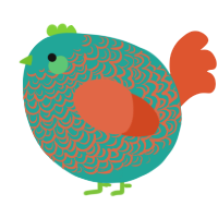 A turquoise and vermilion chicken with a double-lace pattern