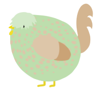 A gluppy and beige chicken with a speckle pattern